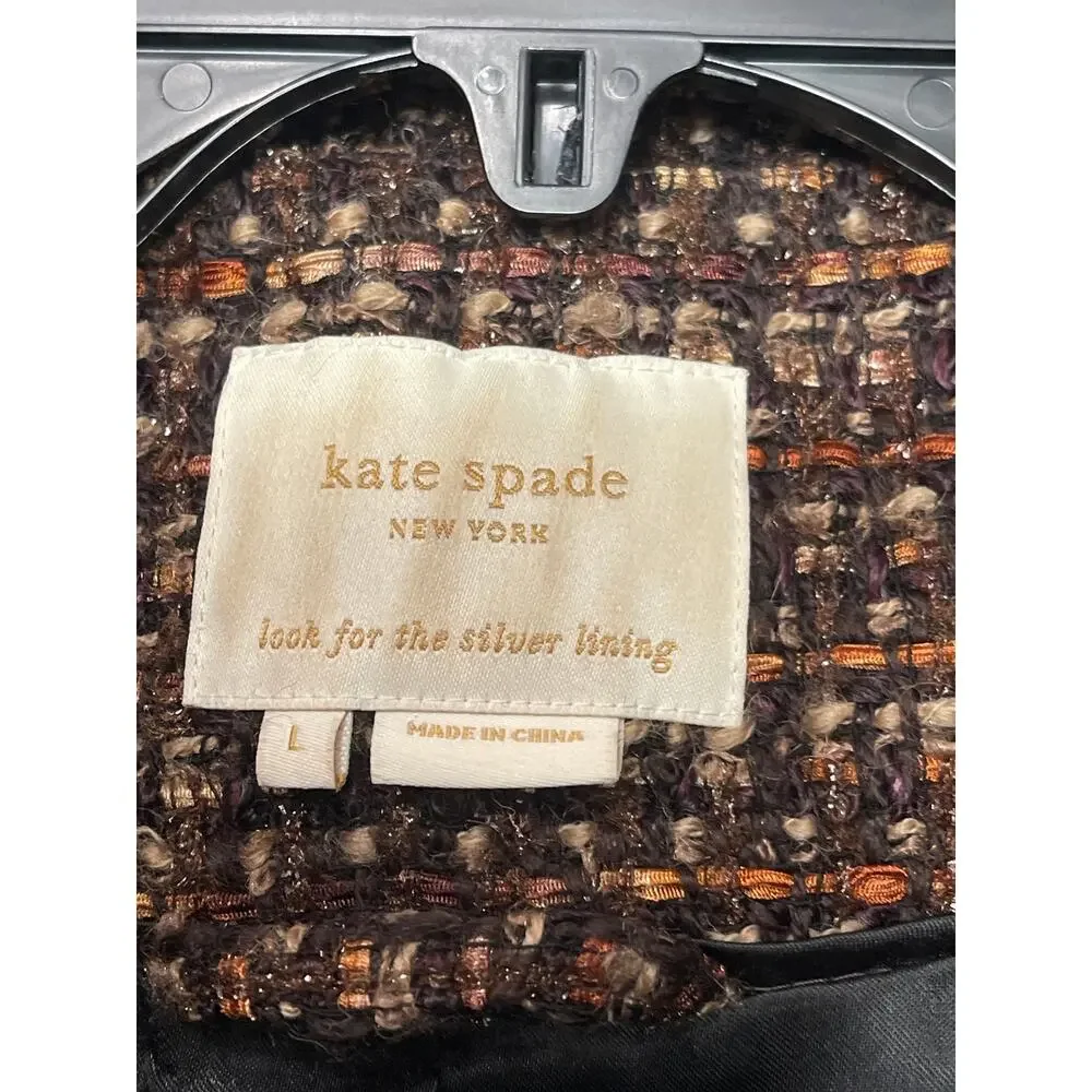 Kate Spade NY Brown Boucle Tweed Cropped Blazer Silver Lining Tag 3/4 Sleeve L
